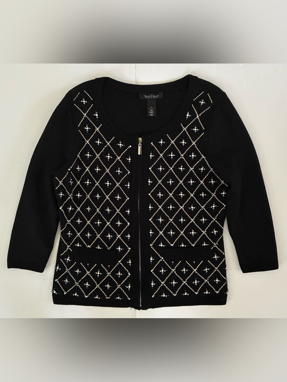 White House Black Market Zip up Beaded Cardigan Sweater 3/4 sleeves stretch S